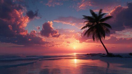 Obraz premium Silhouette of a palm tree against a dramatic sunset over a tropical beach - AI Generated