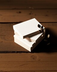 Stack of white rectangular paper on a wooden table with a brown plant