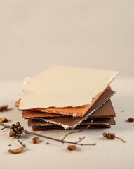 Stack of paper samples, in various shades of brown and beige, with a branch in the front