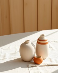 Ceramic vases in soft sunlight, resting on a textured cloth.