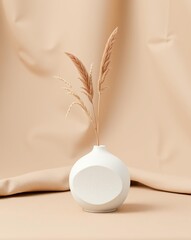 Aesthetic still life with a white vase and dried ornamental grass on a beige background