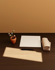 Still life: blank paper, pen, & small plant on a wooden desk.