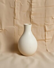 A minimalist still life photograph features a white vase against a textured neutral background.