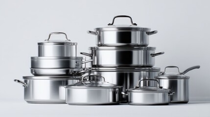 Fotograf&Atilde;&shy;a de estudio profesional de Ollas de acero inoxidable apiladas cuidadosamente sobre un fondo blanco minimalista que resalta los utensilios de cocina modernos y los elementos esenciales culi
