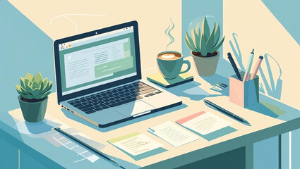 Home Office Vector Illustration with Laptop, Pen Holder, Sticky Notes and Coffee