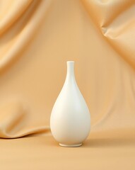 Elegant white ceramic vase against a soft, flowing golden fabric background, simple art