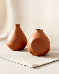 Two beautiful brown ceramic vases on a light gray fabric, well lit studio shot.