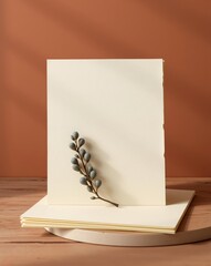Aesthetic composition of blank greeting cards and a sprig of berries on a wooden surface