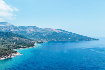 Drone Shot of Thassos Pine Coast and Clear Blue Sea