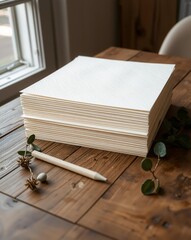 Stack of textured white papers on a rustic wooden table with pencil and greenery details.