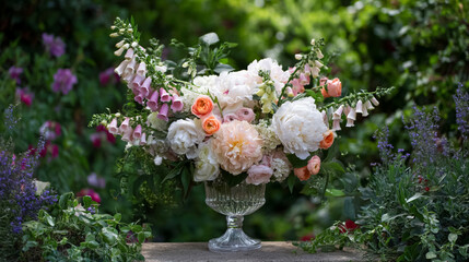 Elegant English garden bouquets in vintage vases, adorned with peonies, tulips and roses and other flowers, displayed in manor garden with dappled light and timeless floral grace