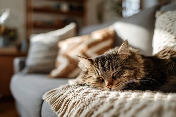 Cozy afternoon nap of a cat in sunlit living room with decorative pillows