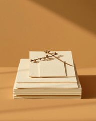 Stack of square paper with a sprig of a plant on top of a table surface