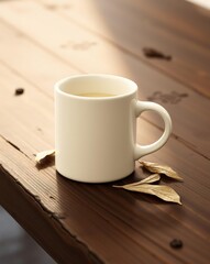 Aesthetic close-up of a white ceramic mug filled with tea on a wooden surface with leaves.