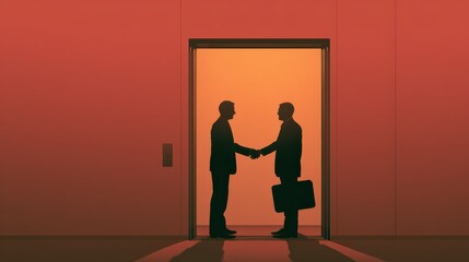 Obraz premium Businessmen shaking hands in elevator, no logos, no brands