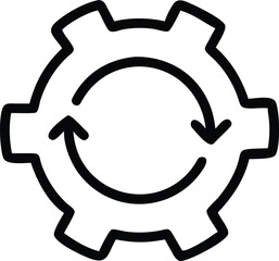 Handdrawn gear with rounded arrows indicating cycle process line icon