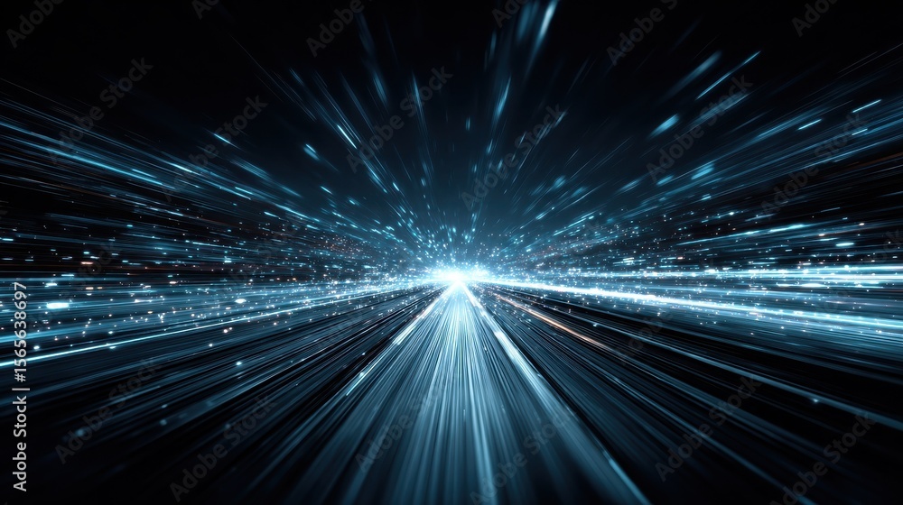 Poster a futuristic image showcasing a tunnel of glowing blue data streams converging towards a bright cent