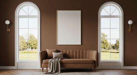 Elegant Brown Living Room with Arch Windows and Mockup: A sophisticated living room features a plush brown sofa, complemented by a large vertical framed mockup against a rich brown wall.