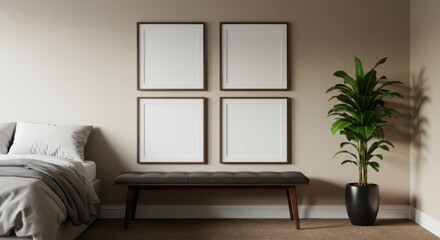 Minimalist Home Decor: A modern, minimalist bedroom featuring a clean, neutral color scheme and an arrangement of four blank frames above a stylish bench, accented by a potted plant.