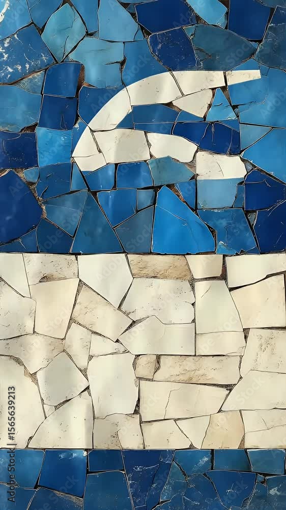 Poster abstract mosaic pattern in various shades of blue and white, the design is composed of irregular sha