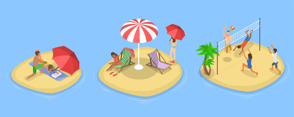 3D Isometric Flat Vector Illustration of Beach Fun, Summer Leasure Time