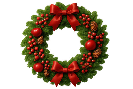 Holiday wreath displaying festive greenery, red berries, pine cones, decorative red bow against transparent backdrop