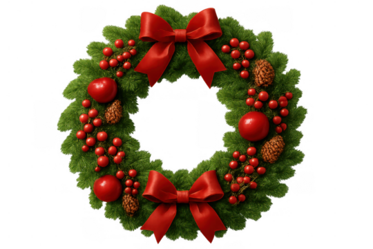 Holiday wreath displaying festive greenery, red berries, pine cones, decorative red bow against transparent backdrop