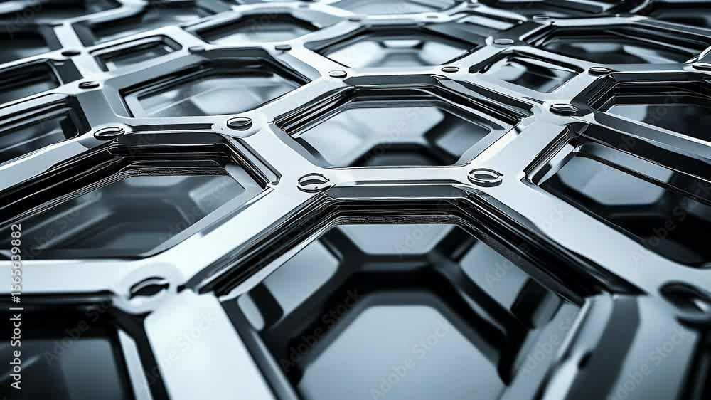 Poster abstract metal structure with hexagonal pattern. silver and blue chrome effect with shiny surfaces. 
