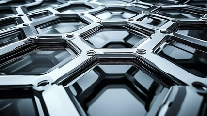 Abstract metal structure with hexagonal pattern. Silver and blue chrome effect with shiny surfaces. Geometric design with reflective metallic elements. Modern and futuristic visual concept. - Powered by Adobe