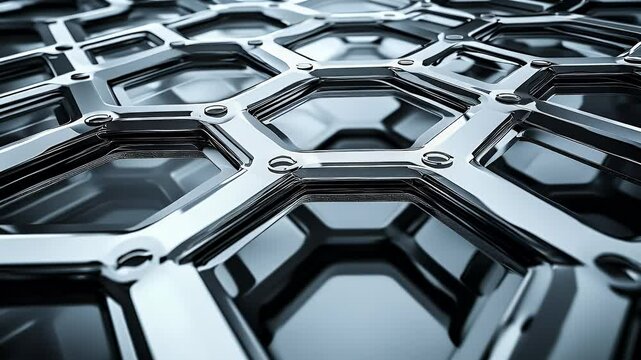 Abstract metal structure with hexagonal pattern. Silver and blue chrome effect with shiny surfaces. Geometric design with reflective metallic elements. Modern and futuristic visual concept.