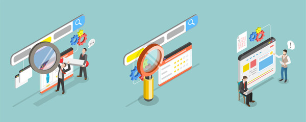 3D Isometric Flat Vector Illustration of SEO Analysis, Keyword Research and Optimization