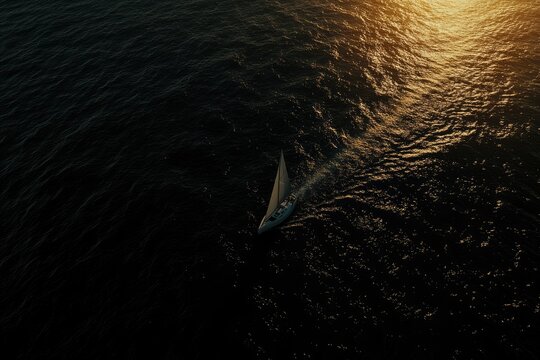 A lone sailboat glides across the dark, glistening ocean under a setting sun. - Powered by Adobe