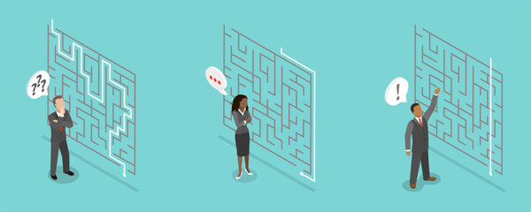 3D Isometric Flat Vector Illustration of Different Approach , Businessmen Propose Unique Solution To Overcome Challenging Maze.