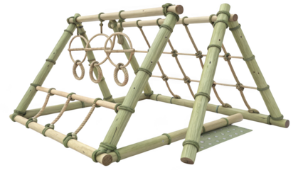 Natural bamboo playground climbing structure with rings and net isolated on transparent background