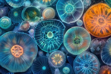 Microscopic marine organisms, vibrant colors, intricate structures, stunning detail, bioluminescence.