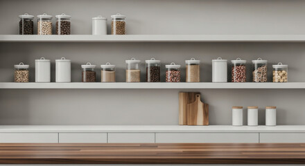 Kitchen pantry with jars and wooden elements. Photo