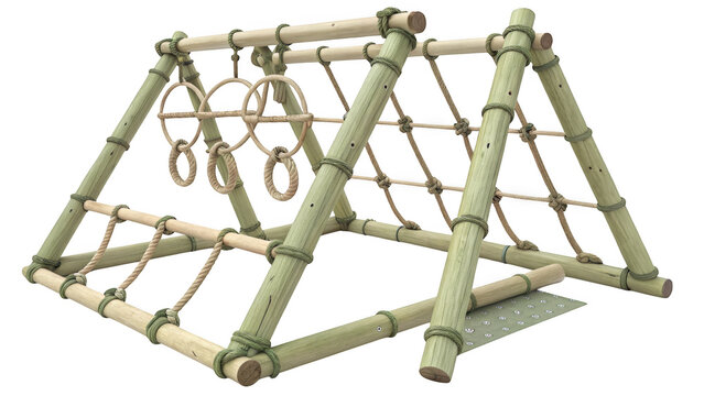 Natural bamboo playground climbing structure with rings and net isolated on transparent background - Powered by Adobe