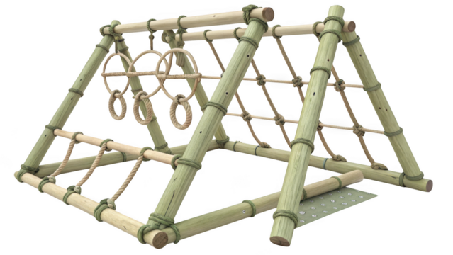 Natural bamboo playground climbing structure with rings and net isolated on transparent background