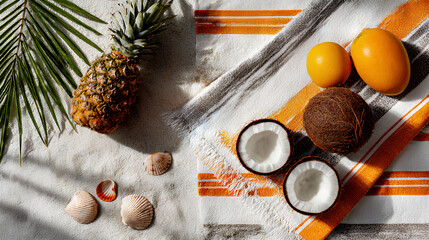 Flat lay of tropical fruits. Pineapple, mango, coconut on bright beach towel. Summer and vacation concept.