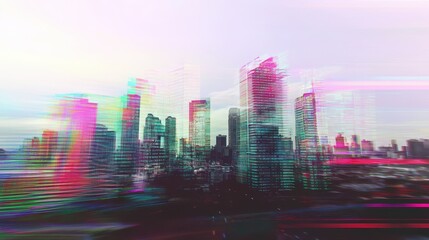 Abstract cityscape view with digital glitch effect.