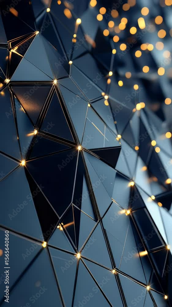 Poster abstract geometric pattern of interconnected triangles in deep blue color with glowing orange highli