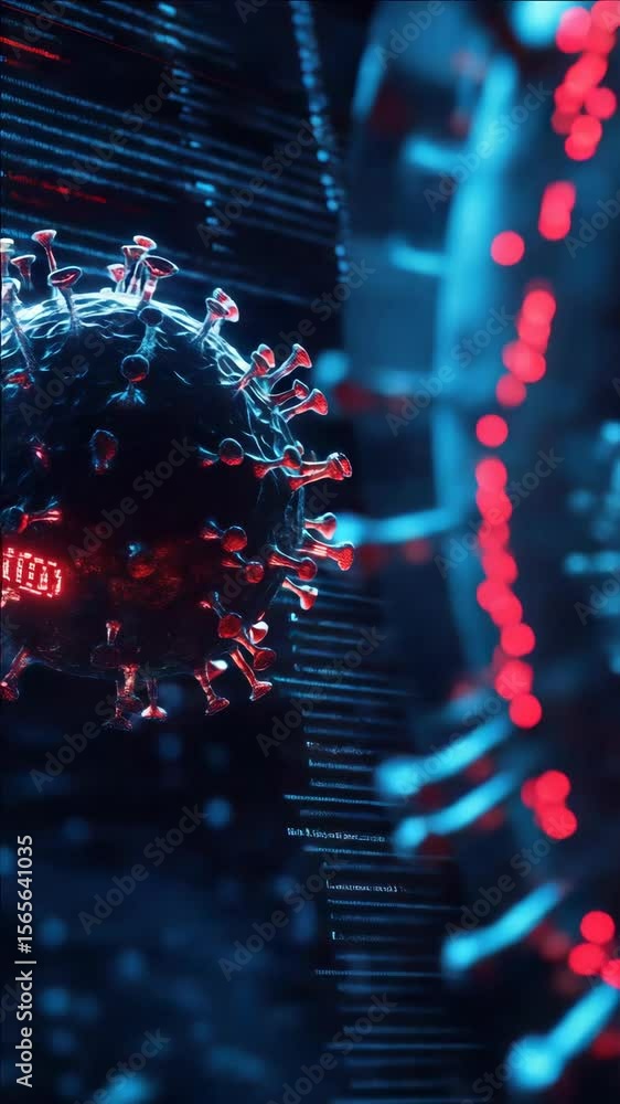 Poster high-tech microscopic virus with red and blue lighting effects, demonstrating molecular interactions