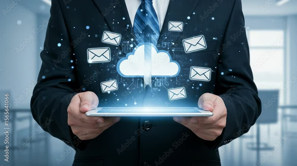 Poster cloud computing management: a businessman uses a digital tablet to demonstrate email integration, da