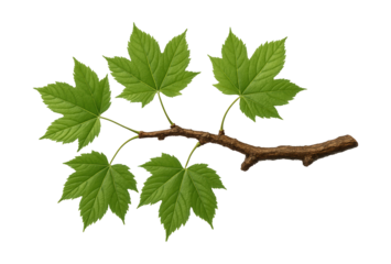 Maple branch with palmate leaves and rough, brown bark