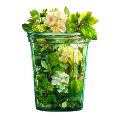 Green Plastic Cup Overflowing with Fresh Flowers and Leaves

