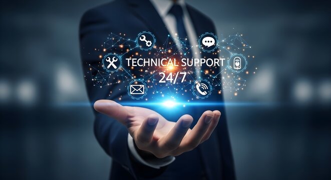 Businessperson presents a glowing digital interface showing 24/7 technical support options.