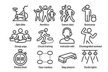Fitness symbols collection: yoga, aerobics, dance, circuit training icons