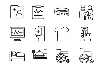 Healthcare icon set: medical, patient, equipment, monitoring, nursing