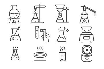 Laboratory equipment icons featuring beakers and flasks on dark background
