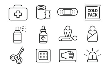 Essential first aid icons set including bandage, cold pack, and emergency symbols